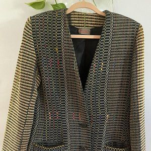 Vtg 1980 Deborah Cross Black Artsy Stitched Confetti Jacket Shoulder Pads Blazer
